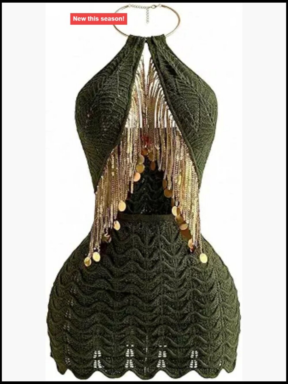 Crochet Halter Mini Dress Sequin Fringe Backless Hollow Out Knit Bodycon Sexy